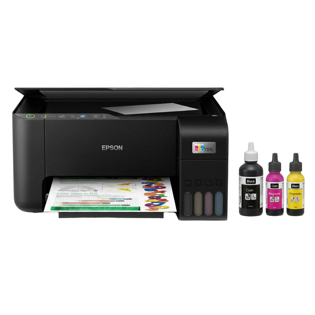 Impresora EPSON negro, vista frontal, con tintas y documentos impresos